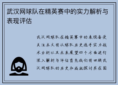 武汉网球队在精英赛中的实力解析与表现评估